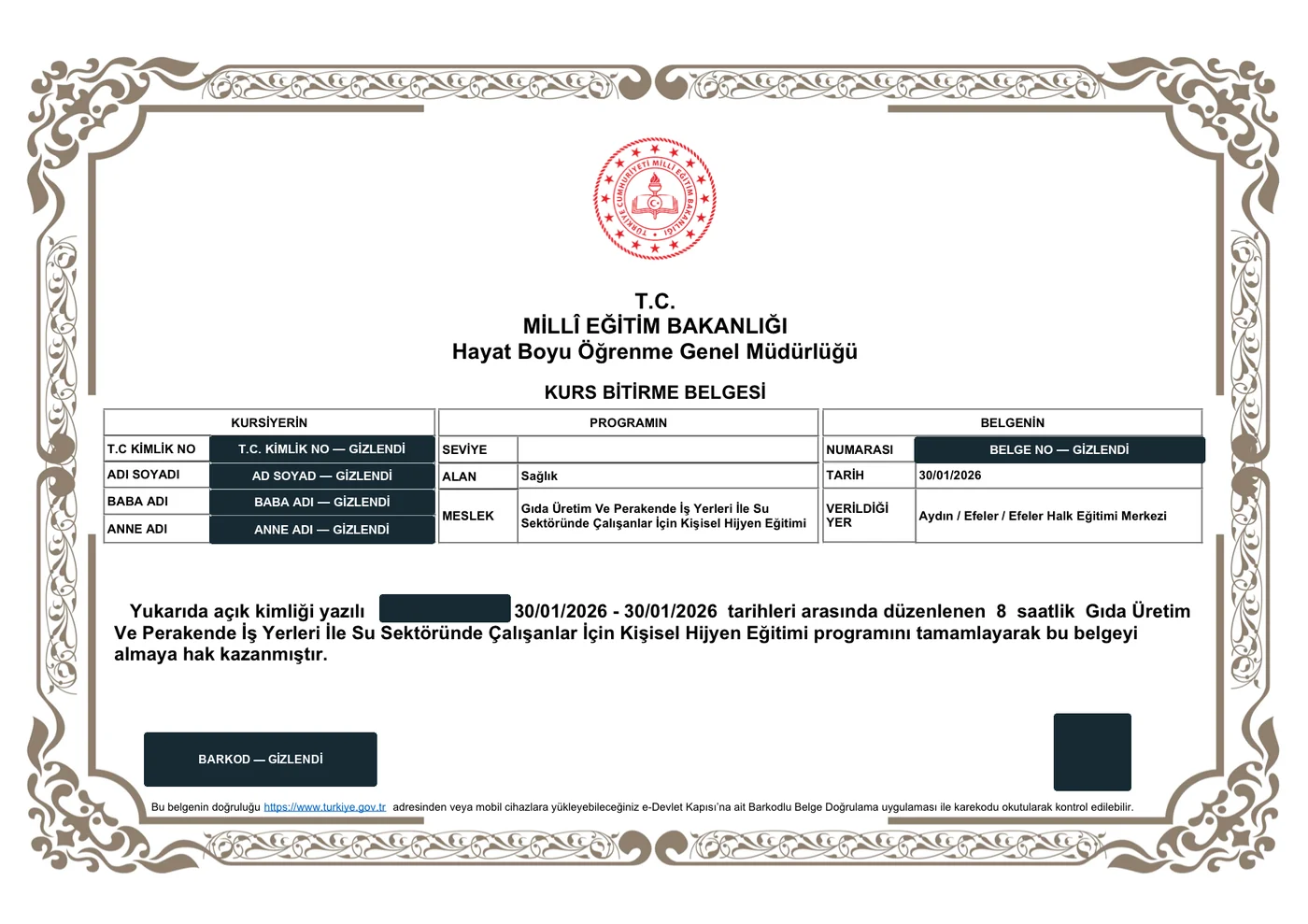 MEB Hayat Boyu Öğrenme Genel Müdürlüğü kurs bitirme belgesi örneği: kursiyer, program ve belge bilgilerini taşıyan üç sütunlu tablo; kişisel veri alanları kapatılmış.